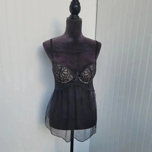 Victoria’s Secret Womens Bra 34C Black Lace Push Up Babydoll Top Mesh Split Slip - Picture 1 of 13